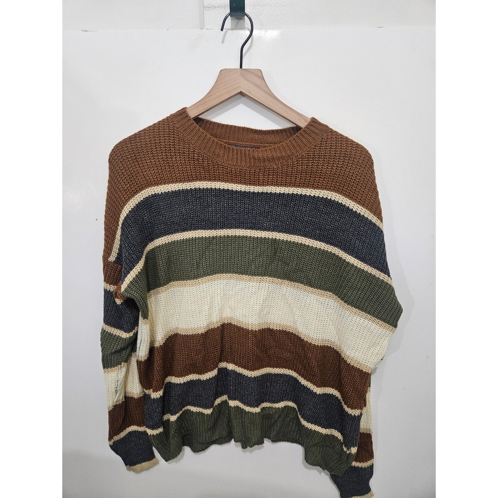 SHEIN Womens Large Striped Chunky Knit Sweater Brown Green Cream Crewneck Pull